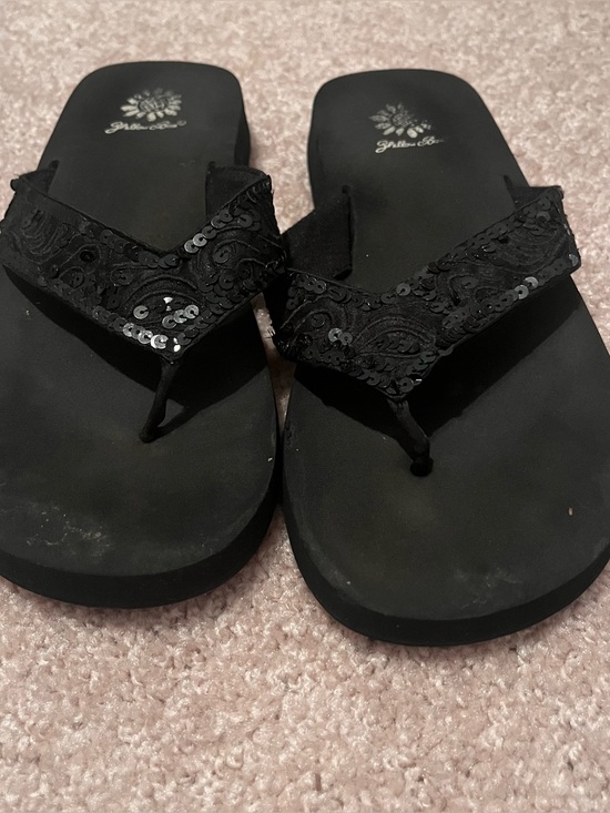 Yellow Box Shoes - Yellow Box Black Sequin Flip Flop Sandals - Women's